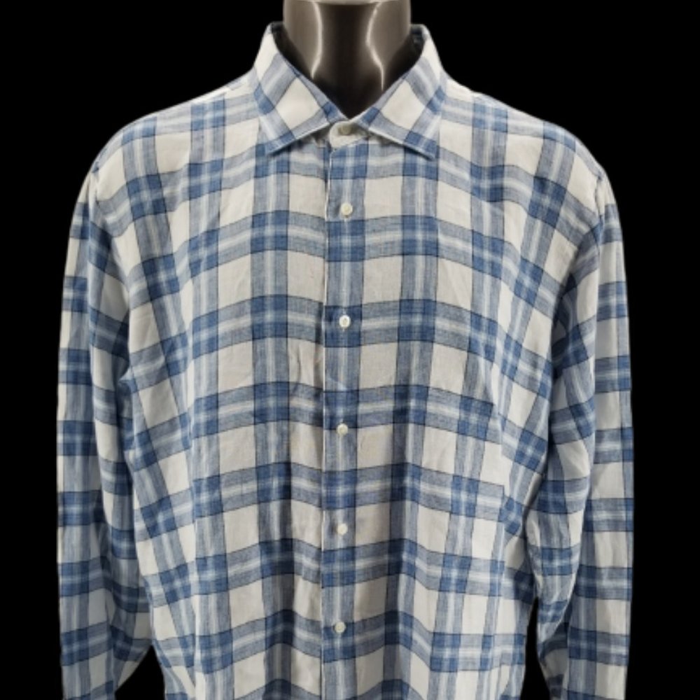 Peter Millar Collection Button Shirt MensBlue 100% Linen LongSleeve Cutaway XXL